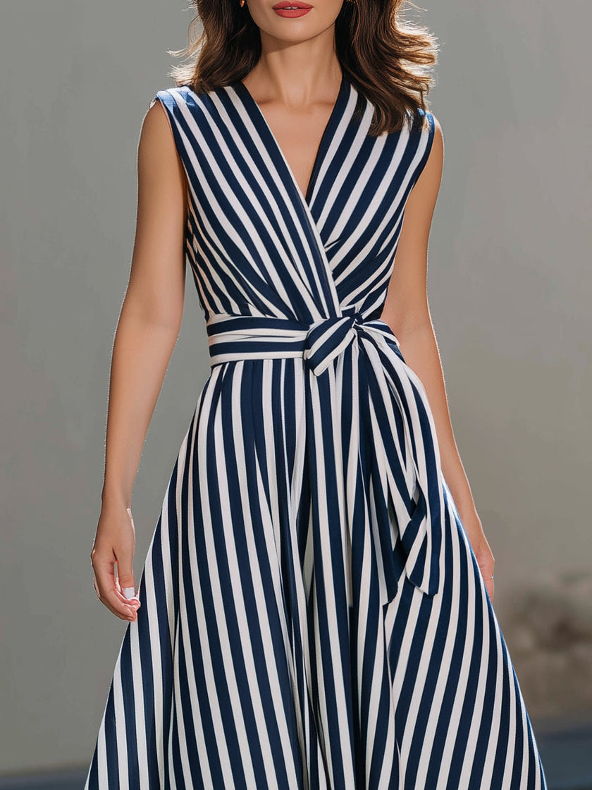 FJØRNA sleeveless wrap-style midi dress with vertical stripe pattern, featuring a fitted bodice and flowing skirt.