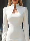FJØRNA white fitted midi dress with stand-up collar, bodycon style, elegant design, perfect for stylish occasions.