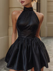 FJØRNA elegant high-neck satin bubble mini dress for women, showcasing smooth satin fabric and stylish silhouette.