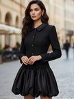 FJØRNA tweed and satin bubble hem dress for women, featuring a stylish blend of textured tweed and smooth satin fabric.