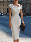 FJØRNA asymmetrical draped off-shoulder bodycon midi dress featuring a sleek silhouette and elegant design.