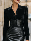 FJØRNA velvet and faux leather contrast midi dress for women, featuring a stylish combination of soft velvet and sleek faux leather fabric.