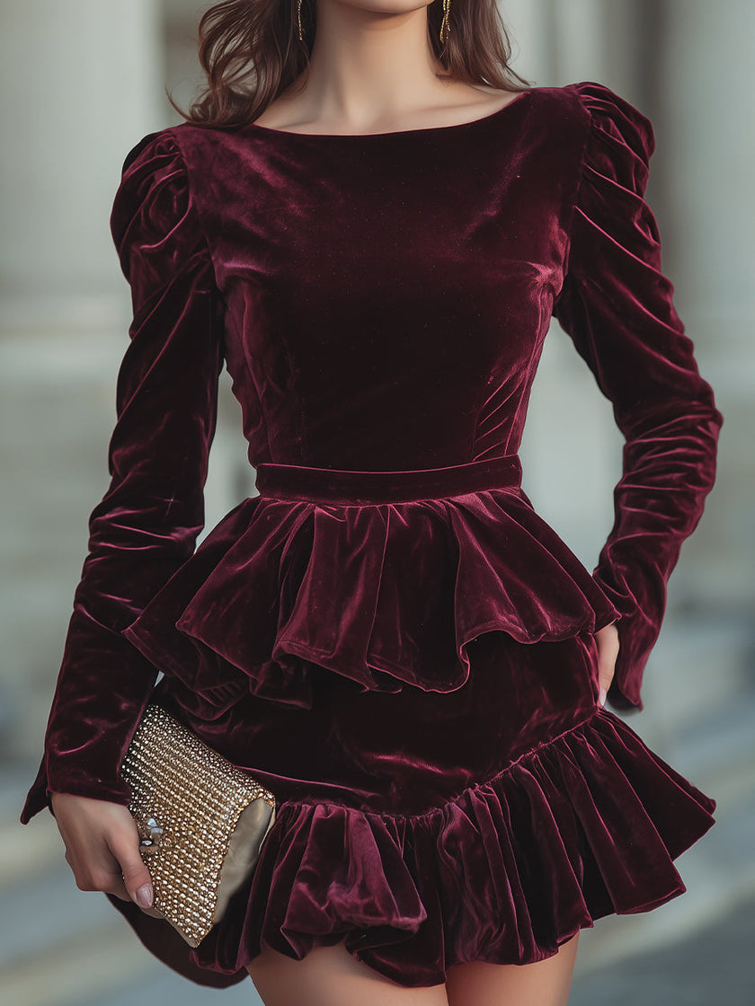 FJØRNA long sleeve layered ruffle mini dress for women, featuring a stylish ruffle design and feminine silhouette.