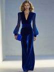 Royal blue velvet V-neck mesh long sleeve jumpsuit by FJØRNA, featuring a fitted silhouette and elegant design.