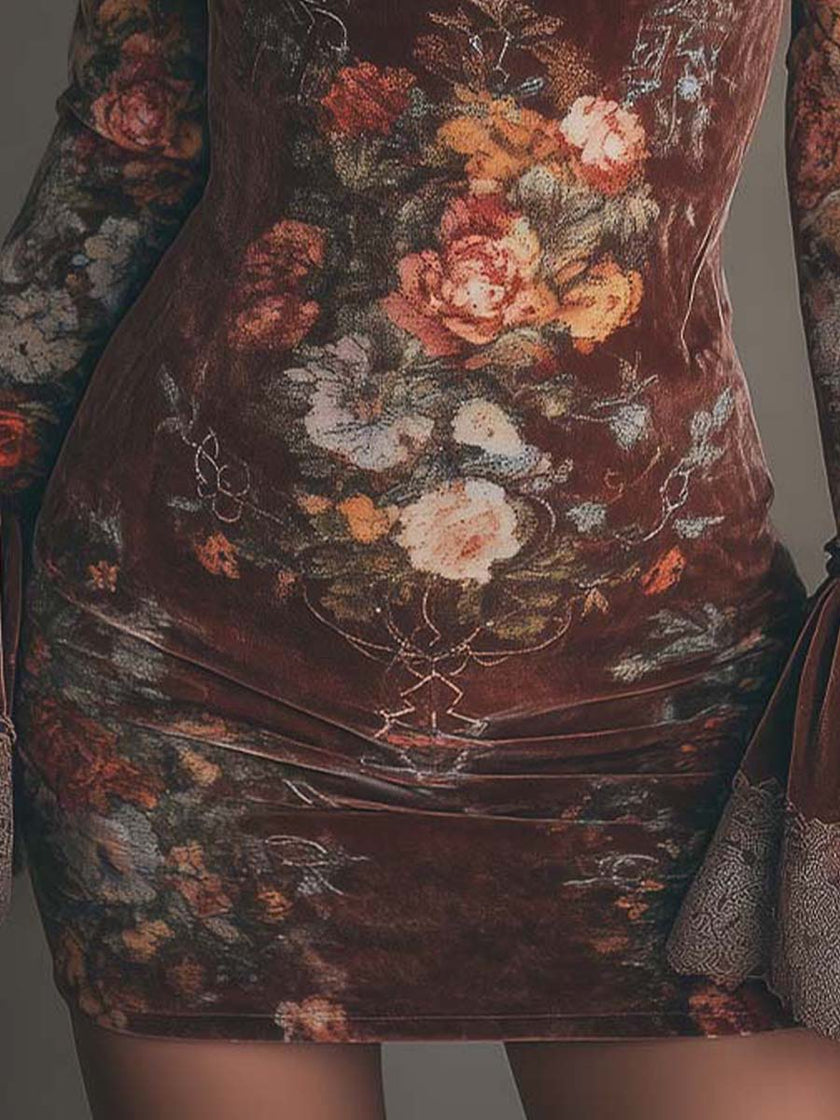 FJØRNA vintage floral velvet lace mini dress featuring a fitted silhouette and intricate lace details.