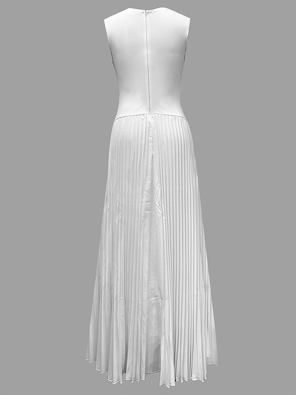 FJØRNA white A-line maxi dress with loose pleats and V-neck, flowing solid color design, perfect for elegant casual wear.
