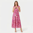 Women's sleeveless floral print boho maxi dress with tie neck from FJØRNA, featuring a flowy, vibrant design and relaxed fit.