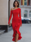 FJØRNA red one-shoulder long-sleeve mermaid midi dress, fitted silhouette with elegant design, shown on a model.