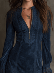 FJØRNA blue lace trim mini dress with elegant lace details, perfect for evening occasions.
