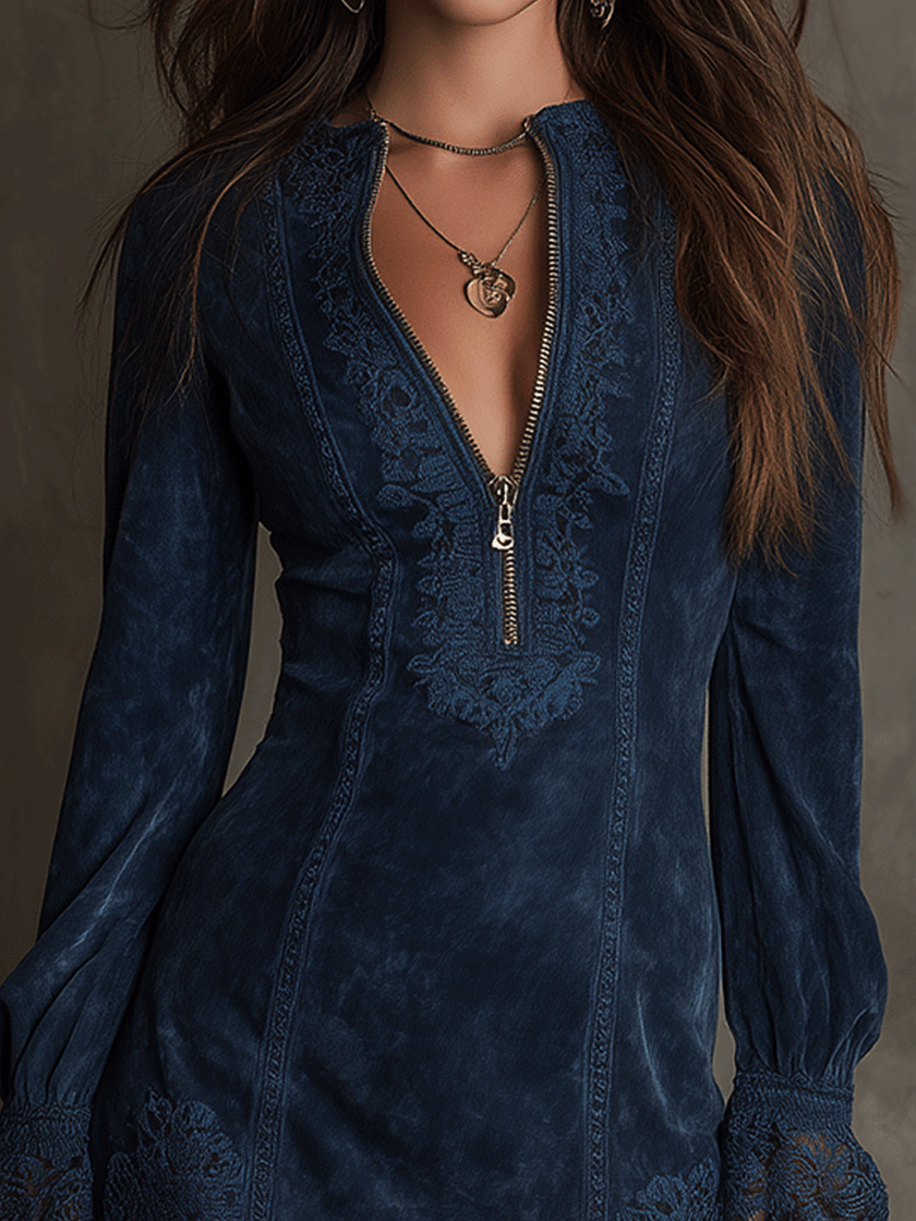 FJØRNA blue lace trim mini dress with elegant lace details, perfect for evening occasions.