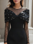 White Pearl-Embellished Bow Mesh Sleeve Mini Dress by FJØRNA, featuring elegant mesh sleeves and a stylish bow detail.