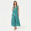 Women's sleeveless floral print boho maxi dress with tie neck by FJØRNA, featuring a relaxed fit and vibrant pattern.