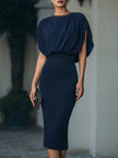 FJØRNA embellished neck draped midi dress for women, featuring elegant details and flowing fabric, perfect for stylish occasions.