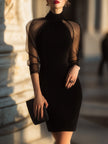 FJØRNA sheer-sleeve high-neck cocktail dress for women, elegant black dress with sheer long sleeves and fitted silhouette