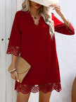 White FJØRNA A-line mini dress with V-neck, loose fit, hollow design, and solid color, perfect for casual or summer wear.
