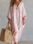 FJØRNA bohemian soft pink striped kaftan dress, a flowy pink maxi dress with relaxed fit and boho-inspired design.