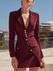 FJØRNA burgundy tailored blazer-style mini dress with gold-tone buttons, featuring a fitted silhouette and stylish design.