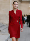 FJØRNA structured gold-tone button blazer mini dress, stylish dress with tailored fit and sophisticated gold accents.