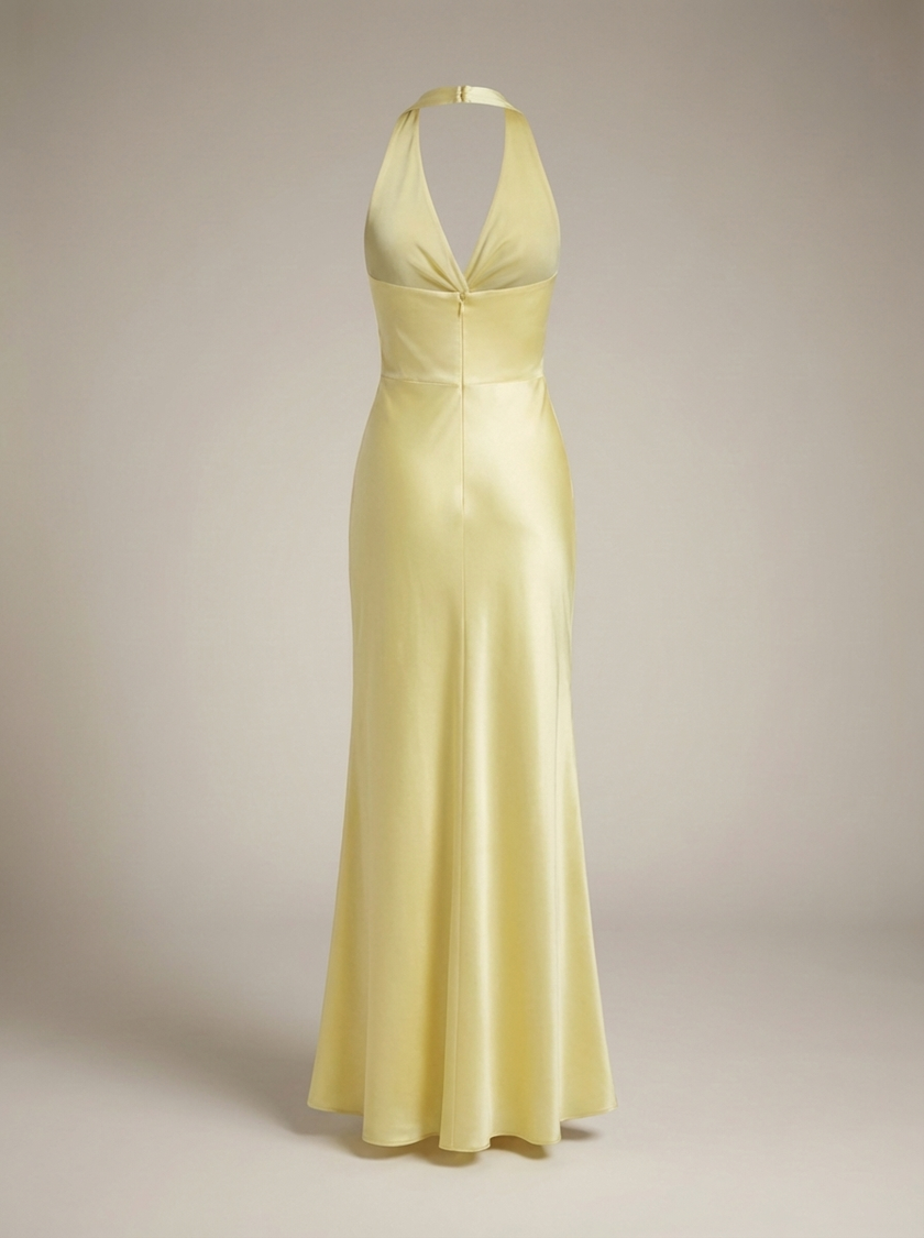 Elegant women's maxi dress by FJØRNA featuring a fitted halter neck, perfect for formal summer occasions.