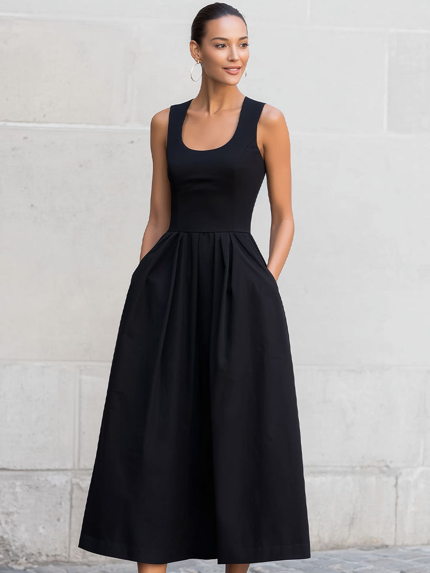Black sleeveless square-neck midi dress by FJØRNA, showcasing the elegant dress with a fitted bodice and midi length.