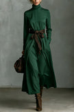 FJØRNA color-blocked belted high-neck long-sleeved casual maxi dress, front view showing stylish design and fitted silhouette.