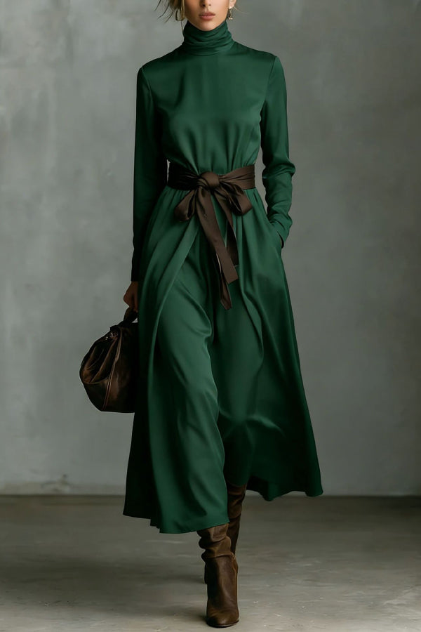 FJØRNA color-blocked belted high-neck long-sleeved casual maxi dress, front view showing stylish design and fitted silhouette.