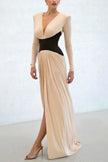 Color-blocked V-neck long-sleeved maxi dress by FJØRNA featuring a high slit and slim-fit silhouette.