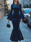 Royal blue floral velvet mermaid maxi dress by FJØRNA, featuring a fitted silhouette and elegant floral pattern.