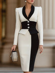 FJØRNA black and white tailored pencil dress for women, featuring a classic contrast design and elegant fit.