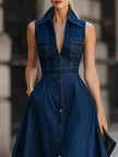 Retro Denim Button-Front Midi Shirt Dress