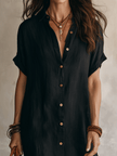 FJØRNA Modern Boho Black Linen Midi Dress, relaxed fit with effortless style, showcasing a versatile and comfortable dress design.