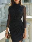 FJØRNA ruched mock neck sheath dress with sheer sleeves, midi length, fitted style, elegant women's dress for formal occasions