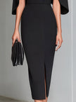 Black cape-sleeve midi sheath dress by FJØRNA, showcasing elegant flowy fabric and sophisticated design for stylish occasions.