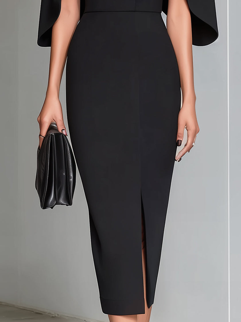 Black cape-sleeve midi sheath dress by FJØRNA, showcasing elegant flowy fabric and sophisticated design for stylish occasions.
