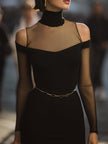FJØRNA elegant black mesh-panel cutout bodycon dress for women showcasing fitted silhouette and stylish design.