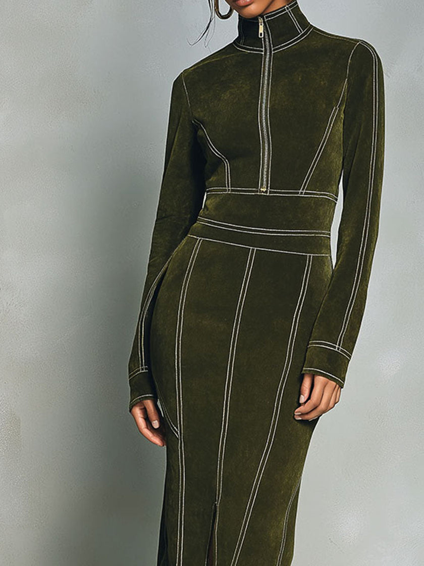 FJØRNA olive green high neck zip-up midi dress with contrast stitching, featuring a fitted silhouette and stylish design.