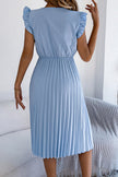 FJØRNA solid color V-neck sleeveless midi dress with lace trim, pleated design, casual style, perfect for summer wear.