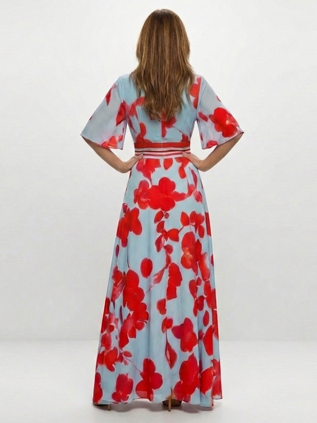 FJØRNA women's elegant floral maxi dress with short sleeves, flowing fabric, and a flattering silhouette for women.
