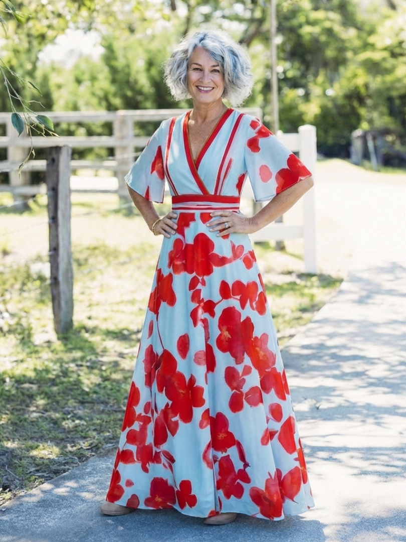 FJØRNA elegant floral maxi dress for women with short sleeves, flowing fabric and a stylish, feminine silhouette.