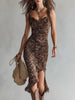 FJØRNA leopard print midi dress for women, showcasing a stylish, fitted dress with bold animal print and elegant midi length.