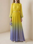 FJØRNA high-waisted maxi dress with long sleeves, belt, contrast gradient pleats, split-joint, and round-neck design.