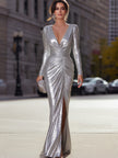 Silver FJØRNA evening dress with ruched design and deep V-neck, perfect for elegant women’s formal occasions.