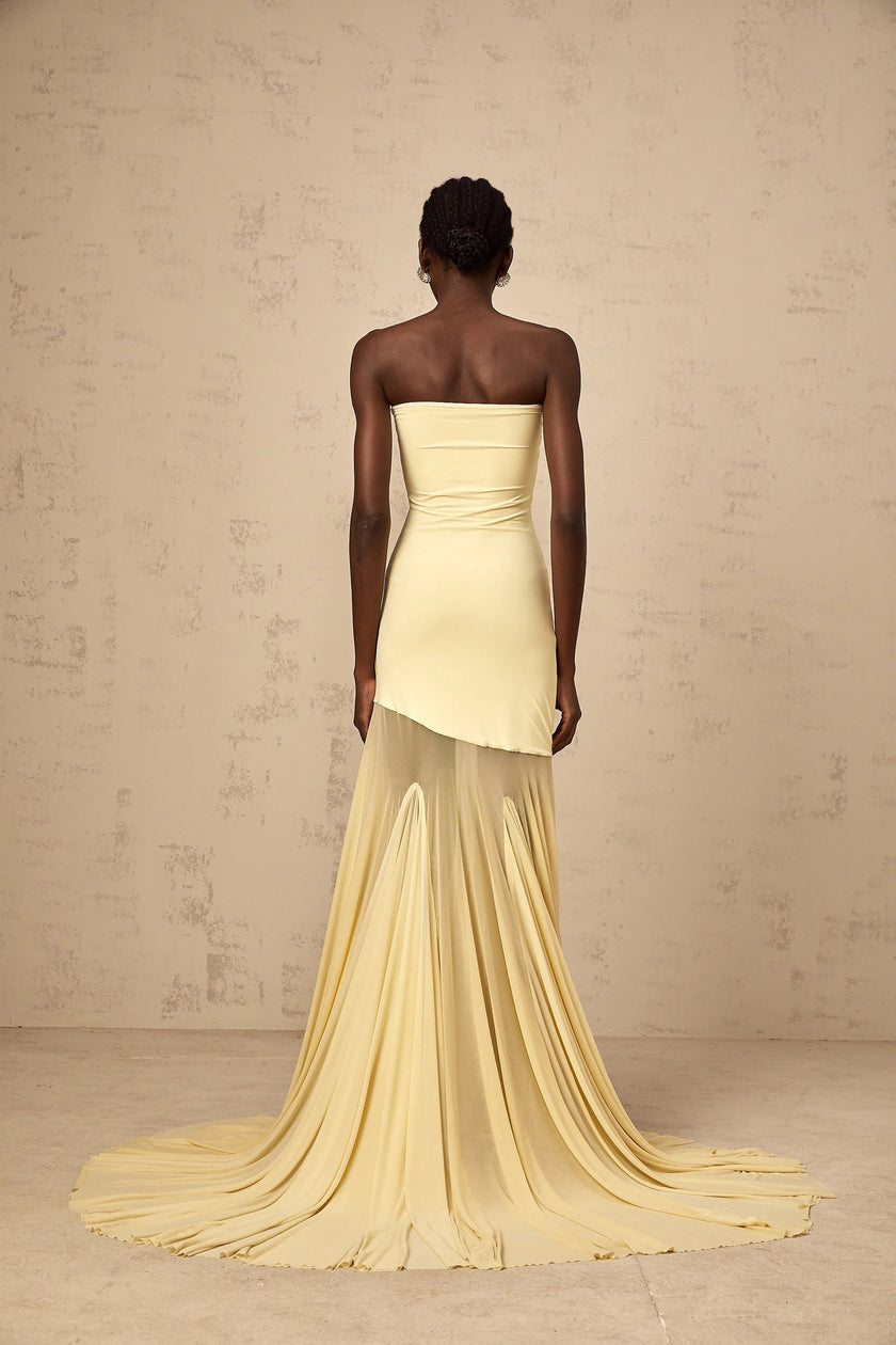 Josiane yellow off-shoulder sheer tulle maxi dress by FJØRNA, flowing design with off-shoulder neckline and delicate sheer fabric.