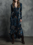 Quiet-boho Azure Mirage velvet wrap maxi dress by FJØRNA, featuring flowing fabric, bohemian style, and elegant design.