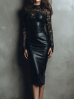 FJØRNA chic black eco leather and lace midi dress, featuring a fitted silhouette and intricate lace details, perfect for elegant occasions.