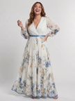 FJØRNA women's floral summer maxi dress with long sleeves, flowing fabric and vibrant pattern, perfect for warm weather.