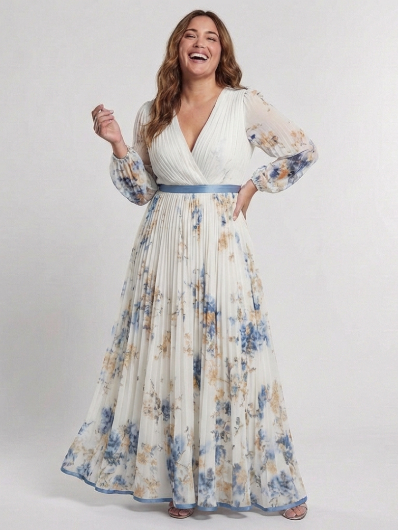FJØRNA women's floral summer maxi dress with long sleeves, flowing fabric and vibrant pattern, perfect for warm weather.