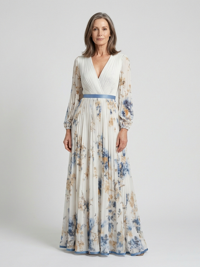 FJØRNA women's floral summer maxi dress with long sleeves, flowing fabric and vibrant botanical print.