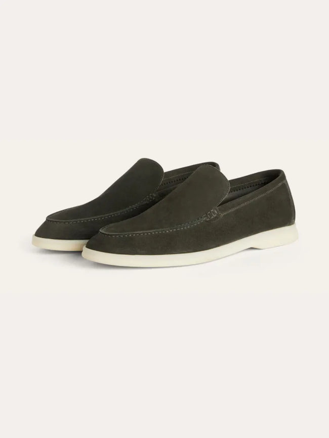 Men's dark green suede moccasins slippers by FJØRNA, featuring soft suede material and classic slip-on design.