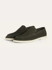 Men's dark green suede moccasin slippers by FJØRNA, featuring soft suede material and comfortable slip-on design.